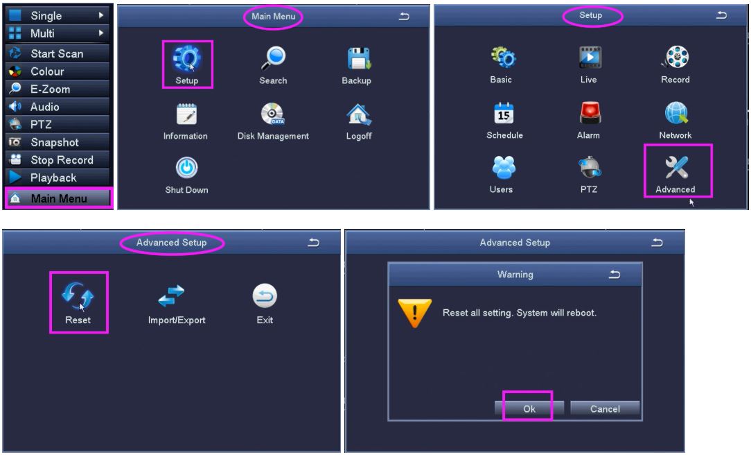 How to reset the Zosi DVR system to factory settings