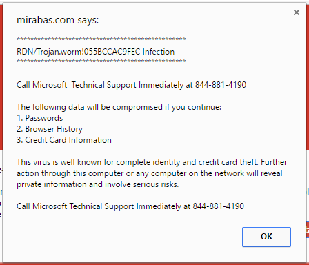 The popup screen used by this scam directs the victim to call a fake Microsoft Technical Support center.