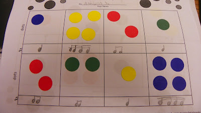 Dot composing is an easy way to get your music students to become composing utilizing rhythm work.  Stickers or dabbers are great for this activity that can be used many times in your classroom.