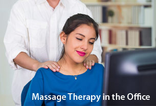 Woman benefiting from corporate massage therapy in the office.