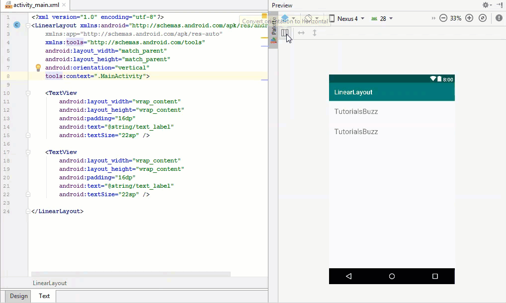 TutorialsBuzz: Android Linear Layout In XML and Code
