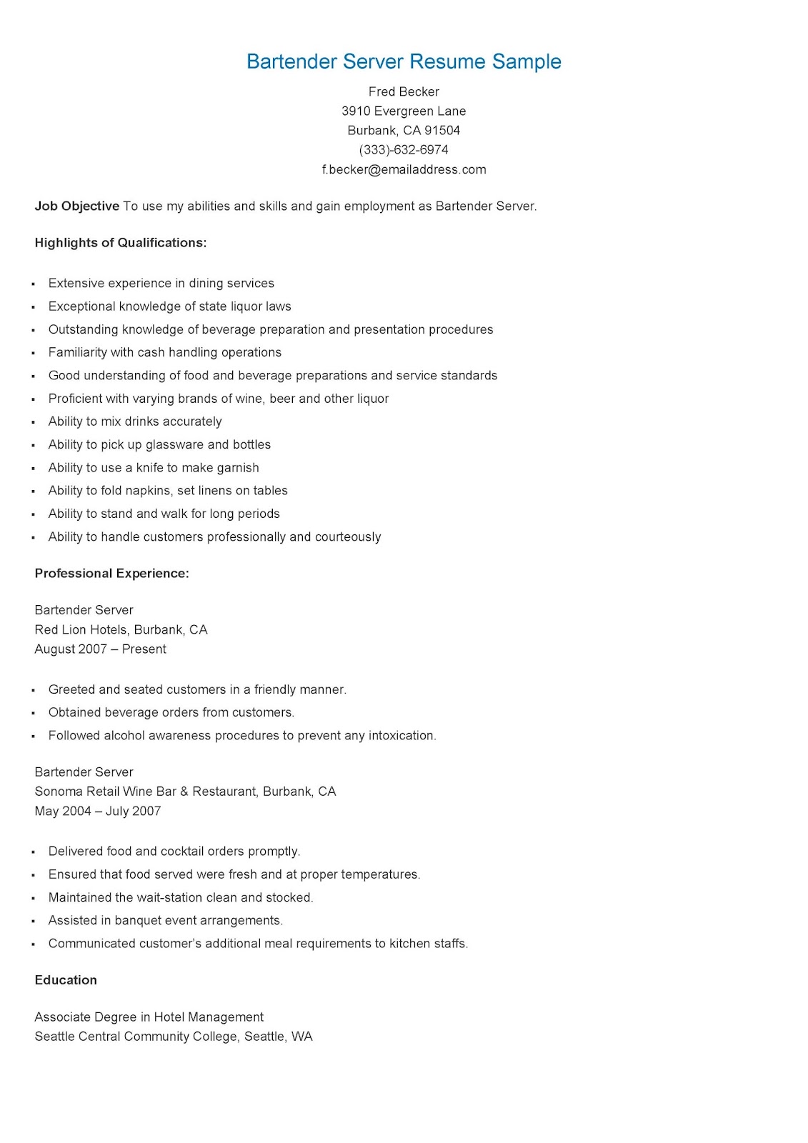 Bartender Server Resume Sample - Bartender%2BServer%2BResume%2BSample 