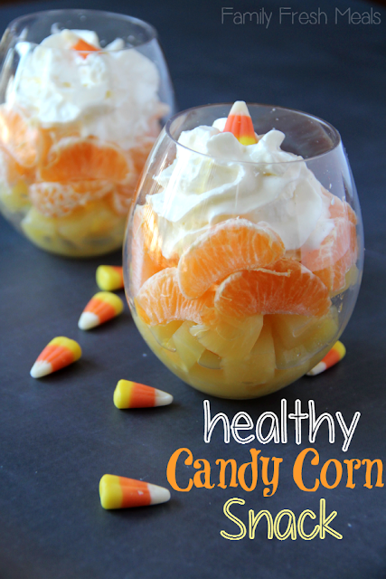 Candy Corn Fruit Cocktail | Becky Cooks Lightly #halloweensnackrecipe