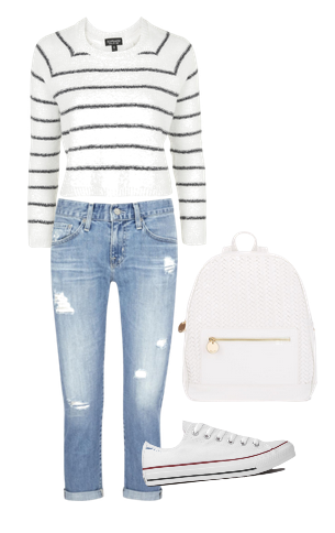 jersey de rayas de lana + jeans boyfriend + zapatillas blancas + mochila blanca