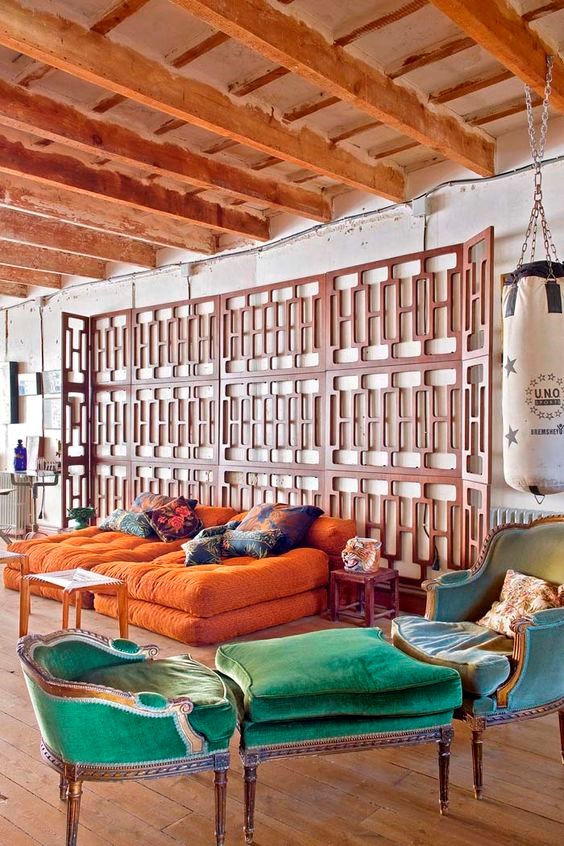 Retro A-Go-Go Boho - Living room with midcentury room divider www.BoHoHome.com @bohosusan