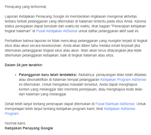 Cara mudah Mengatasi pelanggaran baru telah terdeteksi pada Google Adsense