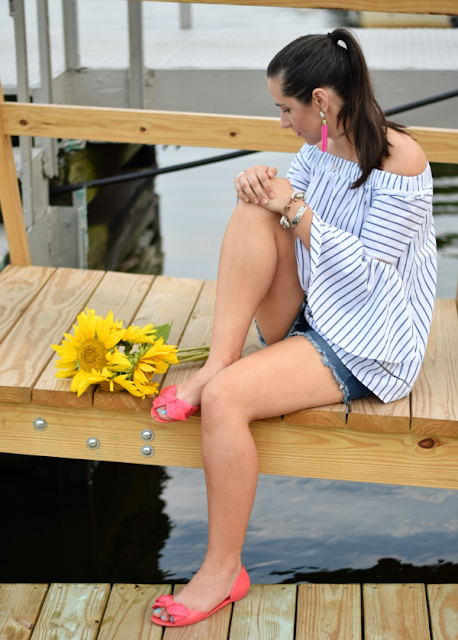 Off the Shoulder Bell Sleeve top with denim shorts