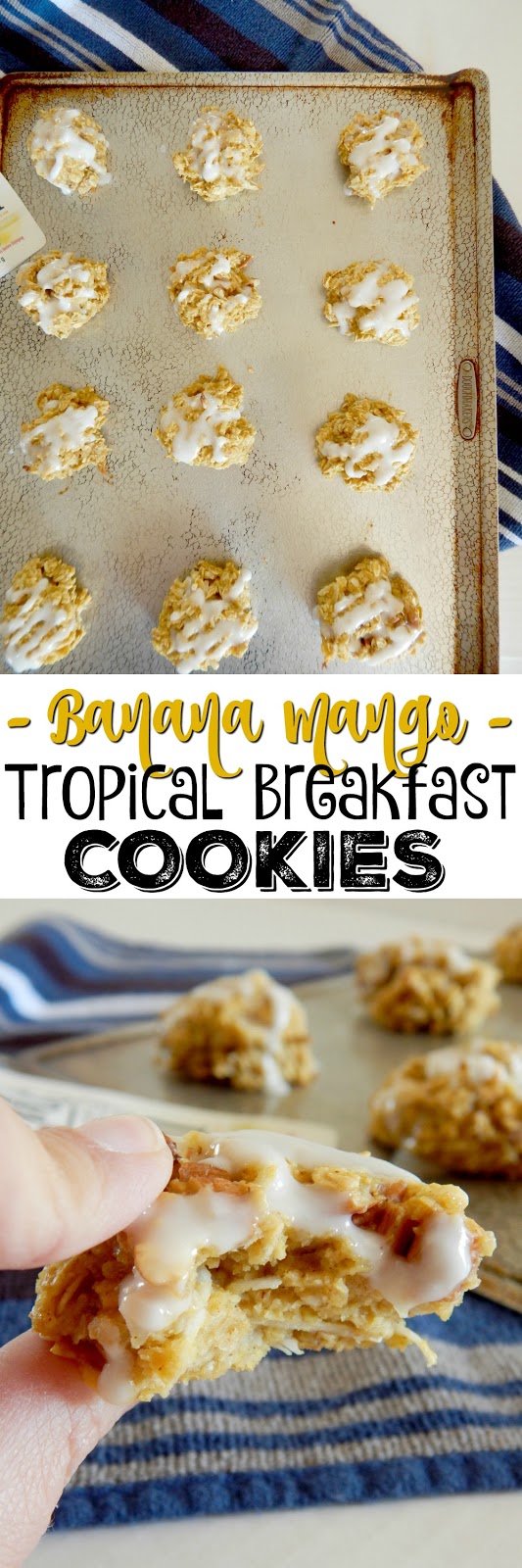 Banana Mango Tropical Breakfast Cookies...a healthy breakfast cookie!  Using both Stonyfield Yobaby yogurt and Once Upon a Farm's cold-pressed fruit pouches, they replace the oil typically used in these cookies.  With the addition of chopped pecans, coconut and a DRIZZLE they make for a quick, breakfast on the go. (sweetandsavoryfood.com)