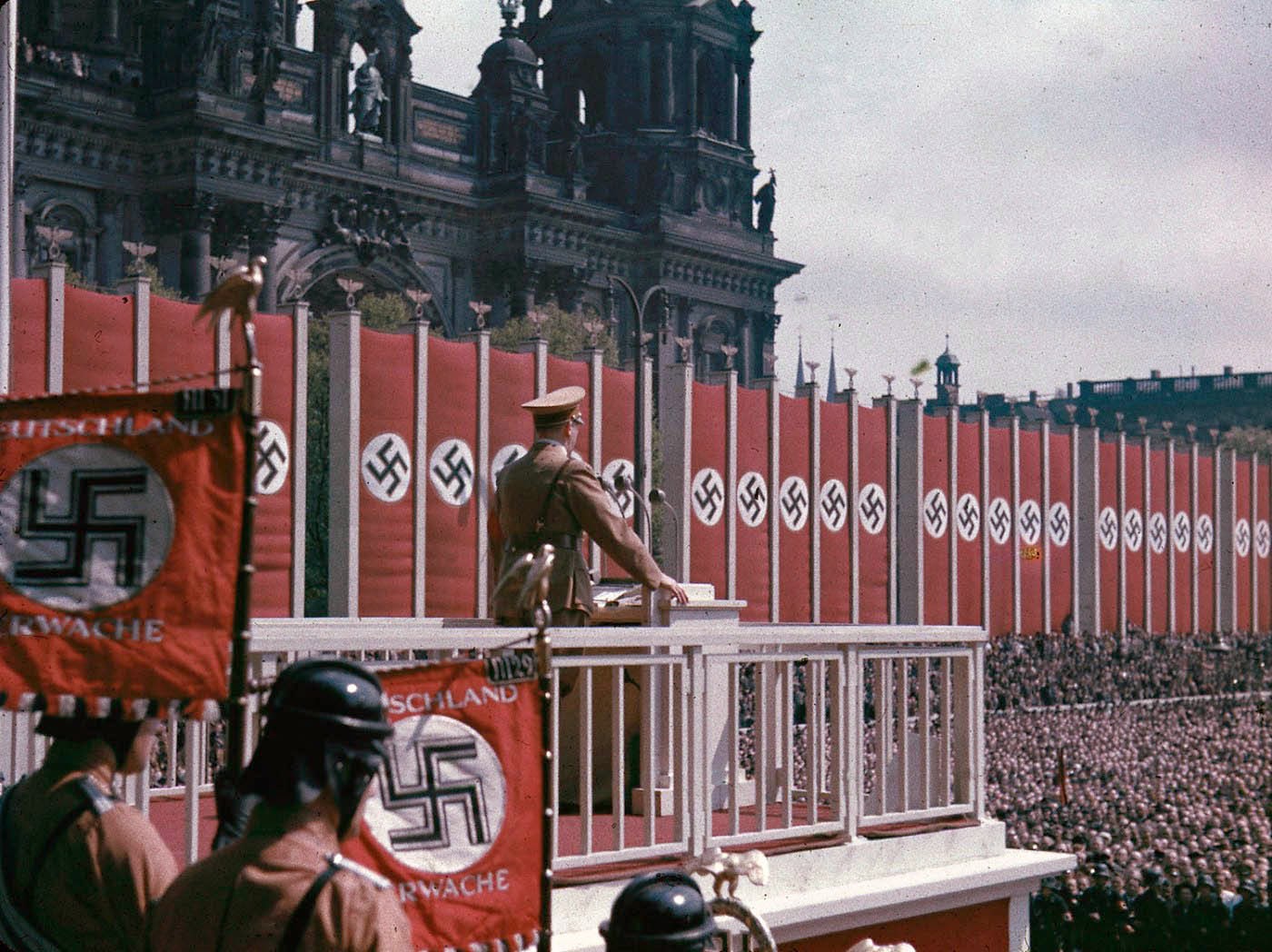 Adolf Hitler speaking at the Lustgarten, Berlin, 1938.