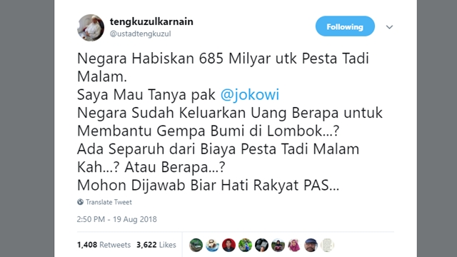 Pertanyaan Tajam Ustaz Tengku untuk Jokowi Soal Gempa Pertanyaan Tajam Ustaz Tengku untuk Jokowi Soal Gempa