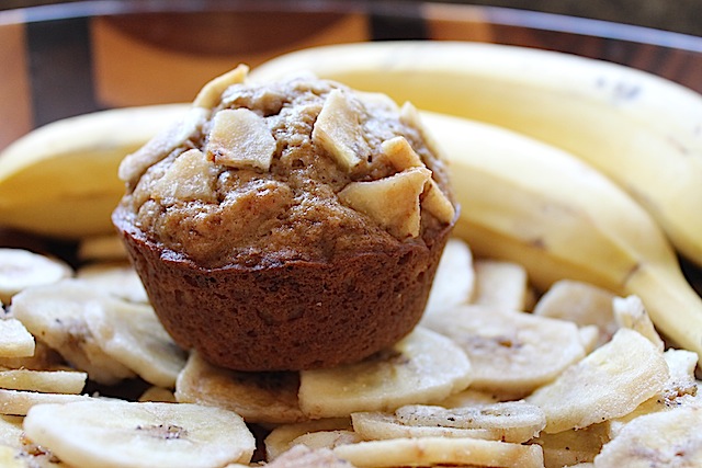 Food Lust People Love: These lovely banana honey bran muffins, made with mashed bananas and sweetened banana chips, are further sweetened with honey and dark brown sugar.