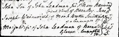 Handwritten burial records - John son of John Leadman Jnr & Mary Raywood of Barnsley (infant) Croup June 5th and Mary wife of John Leadman of Barnsley Glazier aged 28 Consumption Sept 5
