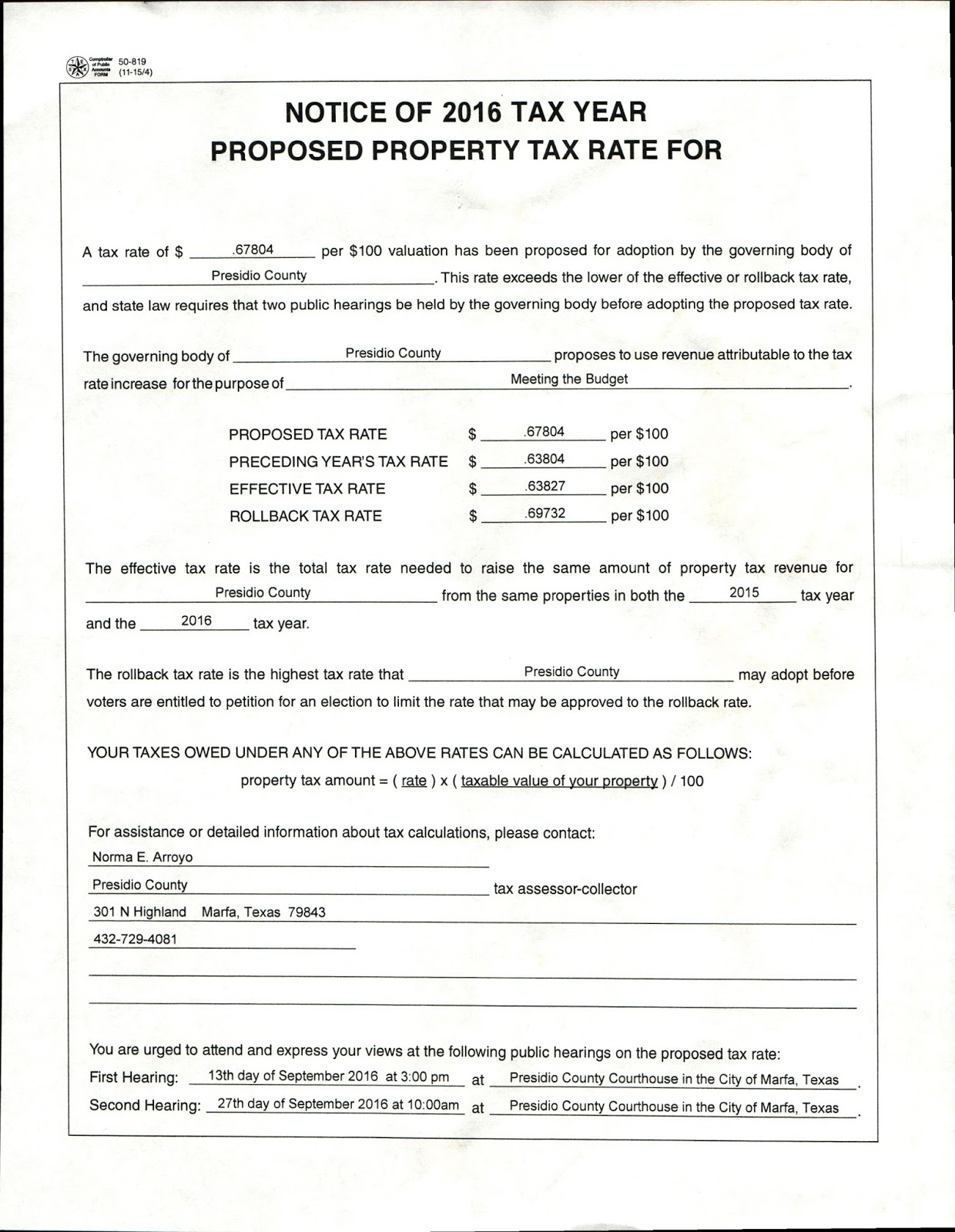 David Beebe's online journal Notice of tax rate Increase, Presidio