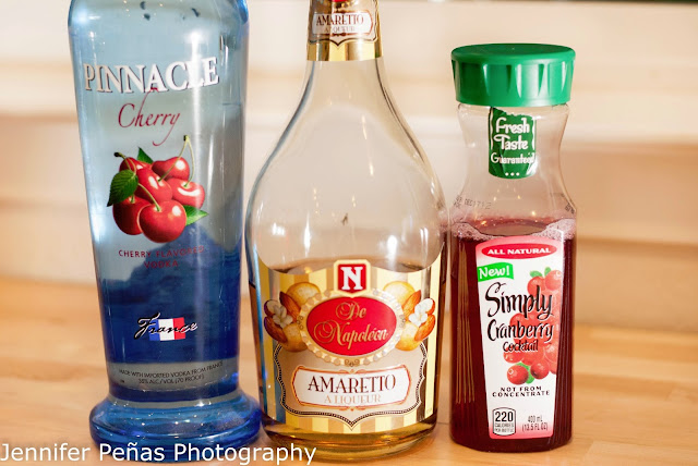 cherry crepe cocktail, cherry vodka, amaretto, cranberry juice