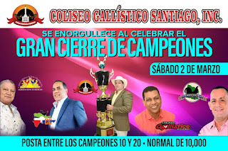 Campeón de Campeones sábado en Coliseo Gallístico Santiago