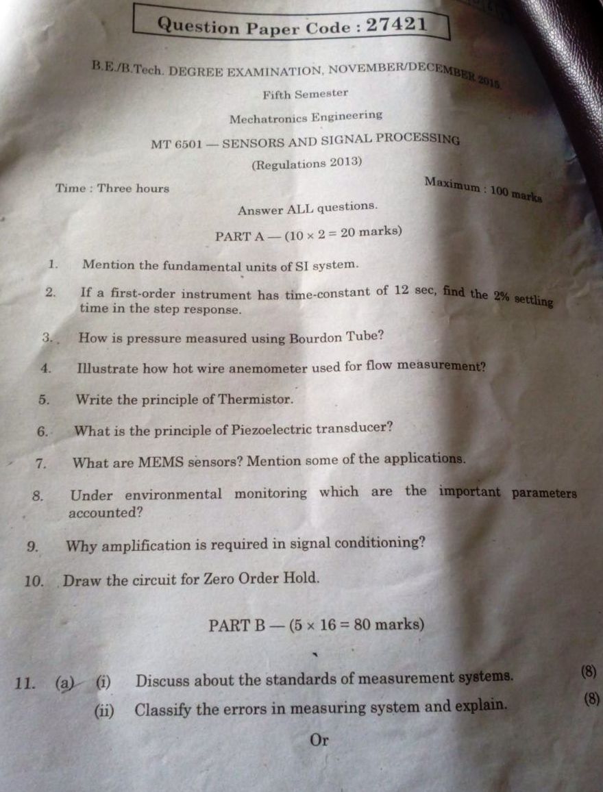 MT6501 Sensors and Signal Processing Nov Dec 2015 Question Paper