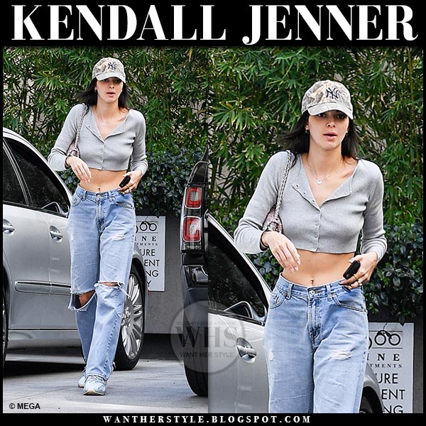 Kendall Jenner in grey cropped top and baggy ripped jeans in LA on