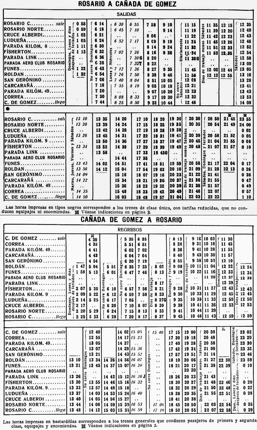Viejo horario de trenes locales entre Rosario Central y Cañada de Gomez