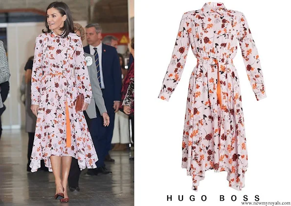 Queen Letizia wore a new floral print midi shirtdress by Hugo Boss