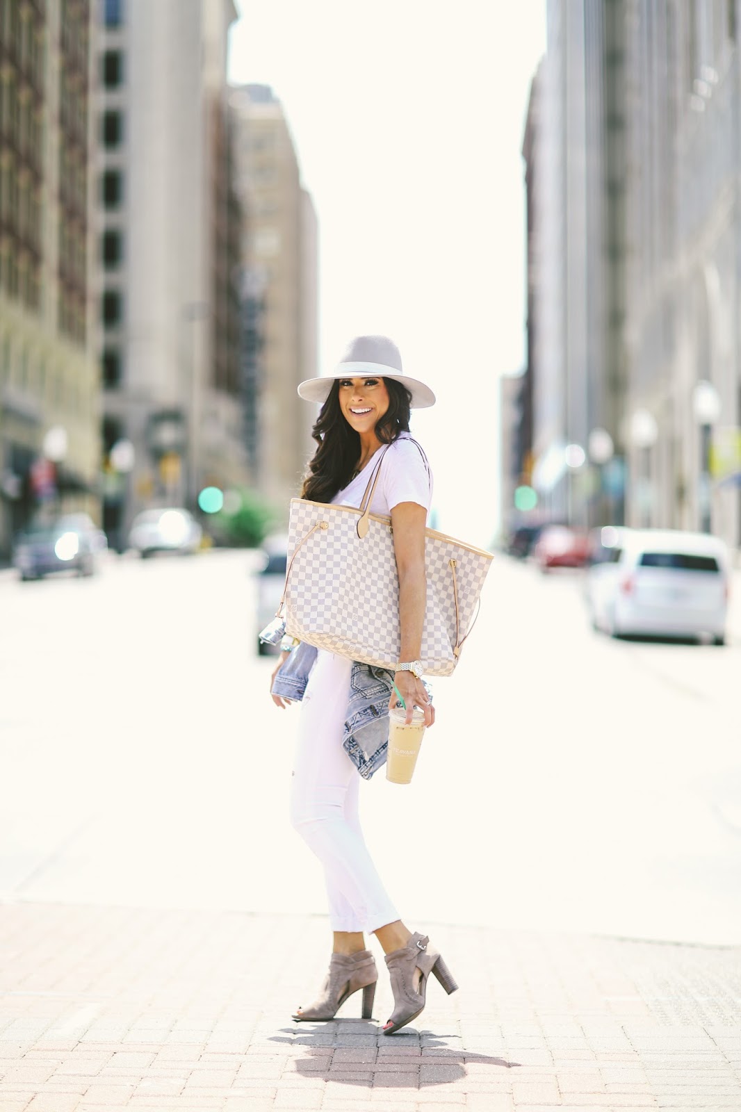 all white outfits for spring and summer, louis vuitton neverful damier azur, j brand white distressed denim, white tee made well, janessa leone grey hat, summer fashion pinterest, spring fashion pinterest, outfit idea summer pinterest, tulsa fashion blogger, downtown tulsa, vince camuto conley bootie, michele Serein watch 18mm, david yurman bracelet stack, emily gemma, the sweetest thing blog, celine mirrored aviators