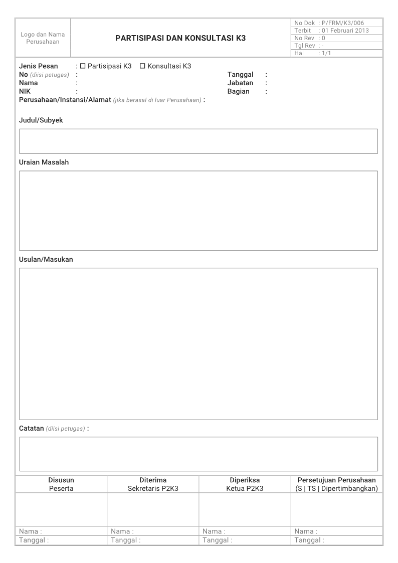 Formulir Partisipasi dan Konsultasi K3  Ahli K3 Umum