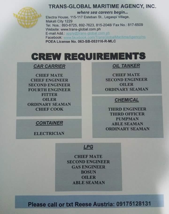Hiring Crew For Car Carrier, Oil Tanker, LPG, Container Ship OfficiaI