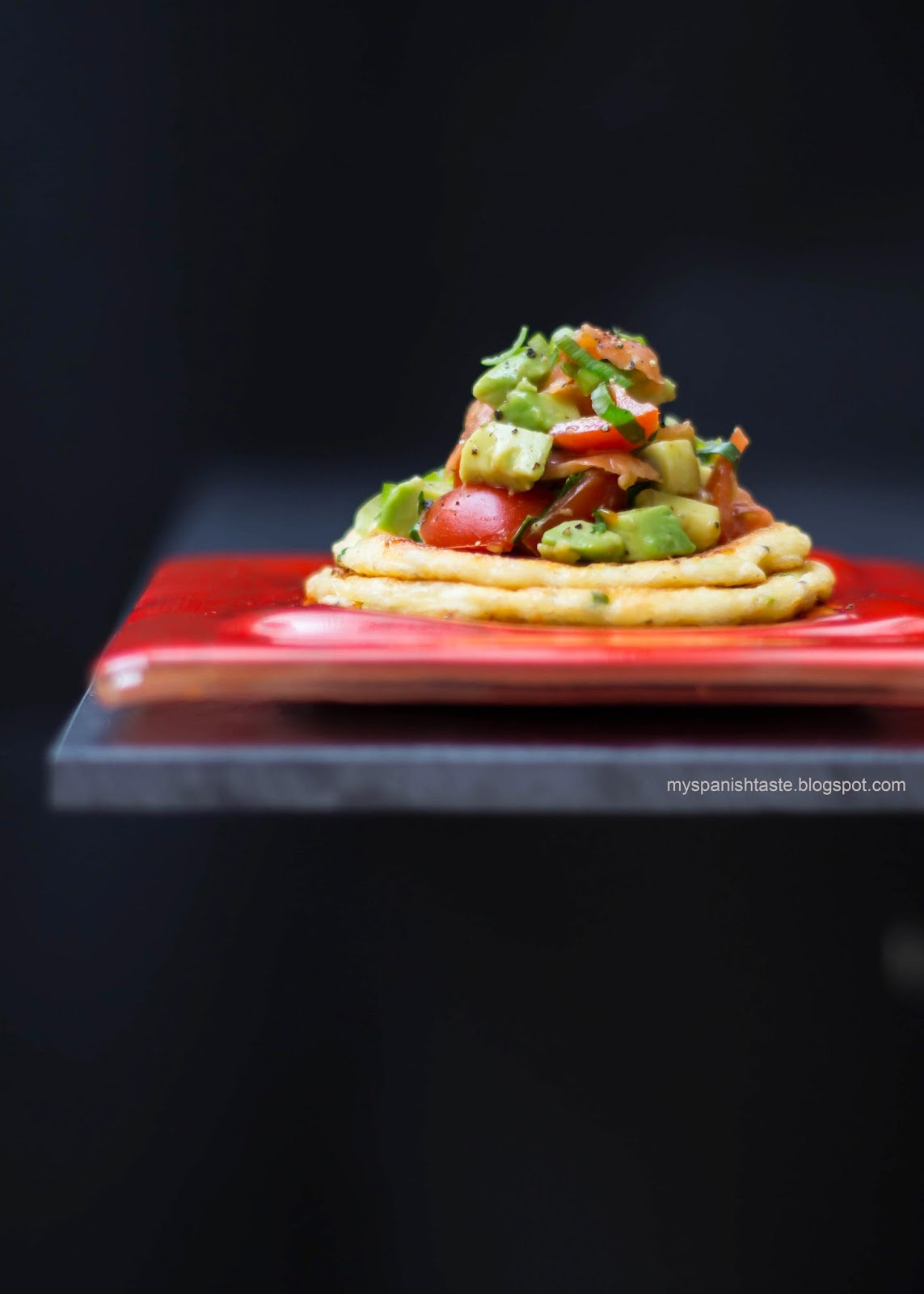 My Spanish Taste Cheesy pancakes with smoked salmon and avocado