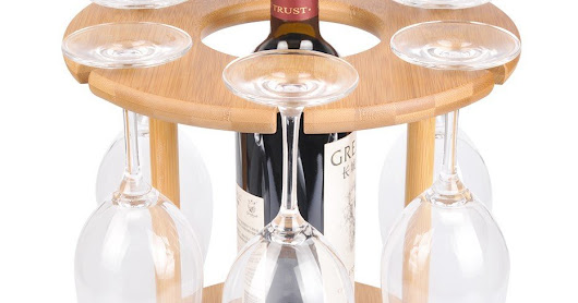 Wine Glass Cup Rack and Bottle Holder, Vina Bamboo Wine Tabletop Glass Hanger Hook Stand Organizer Tray with a Free Wooden Corkscrew Opener