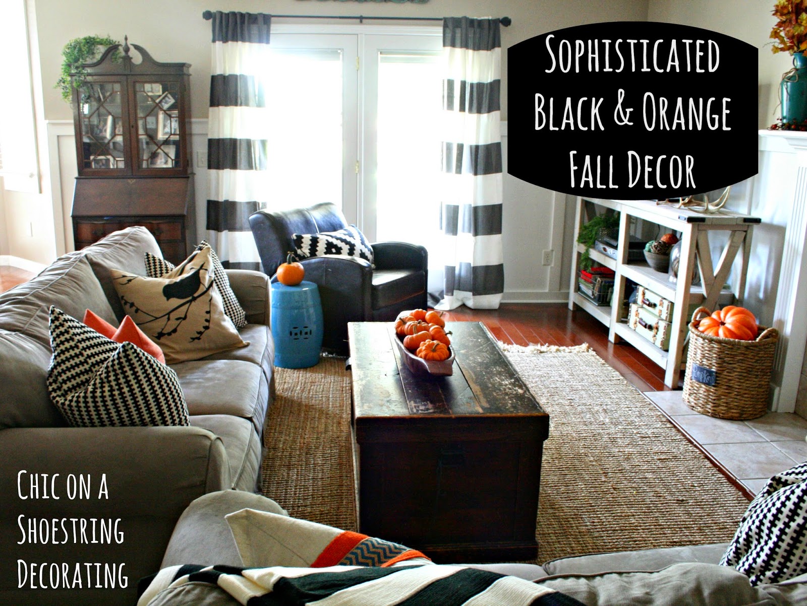 Black & Orange Fall decor at Chic on a Shoestring Decorating blog.