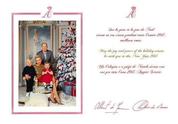 Prince Albert, Princess Charlene and their twins, Prince Jacques and Princess Gabriella, 2016 Christmas Card. Princess Charlene wore Ralph Lauren Backless Sequin Dress