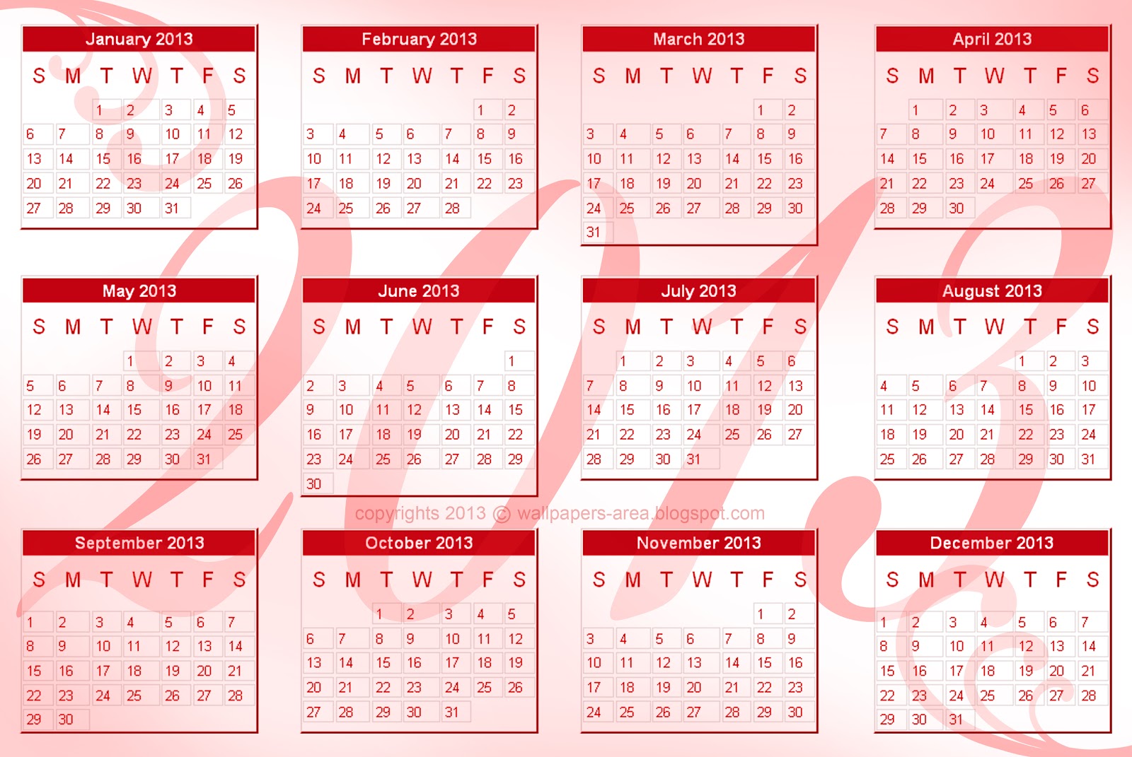 Free Download Red Calendar 2013 Wallpaper Wallpapers Area