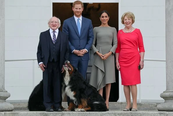 Meghan Markle wore Roland Mouret bespoke Barwick grey dress and Birks Snowflake snowstorm diamond earrings, she carried Fendi Peekaboo bag