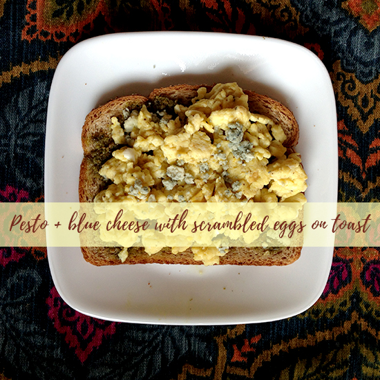 Pesto + blue cheese with scrambled eggs on toast Floraful