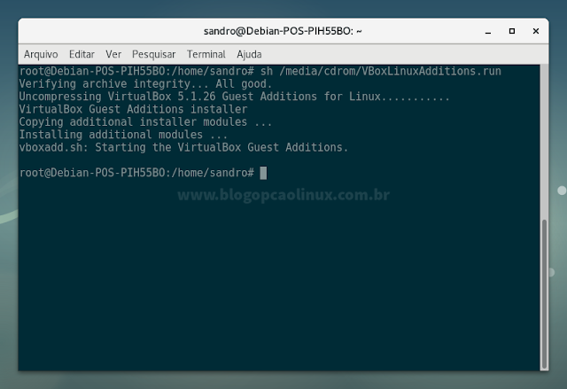 Exemplo de saída do comando para instalar os Adicionais para Convidado Exemplo de saída do comando para instalar os Adicionais para Convidado