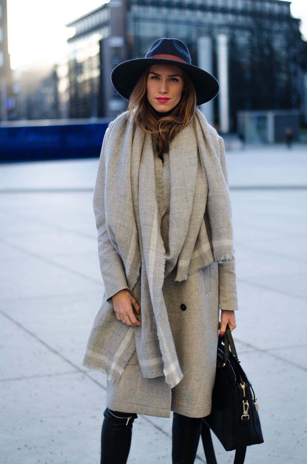 kristjaana mere gray wool coat long scarf fedora hat winter fashion
