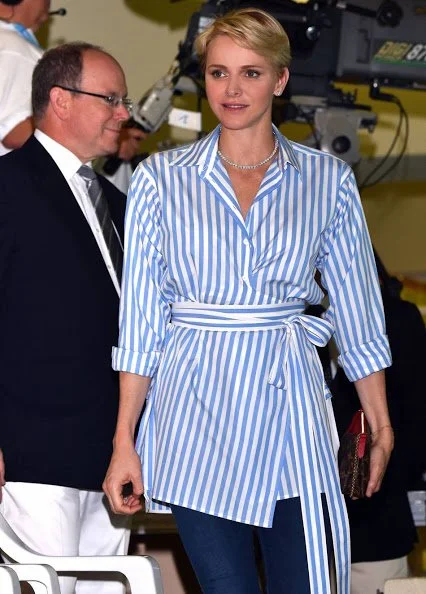 Prince Albert II and Princess Charlene attends the 34th International Swimming Meeting Mare Nostrum in Monte Carlo, Monaco. Princess Charlene of Style, Fashions