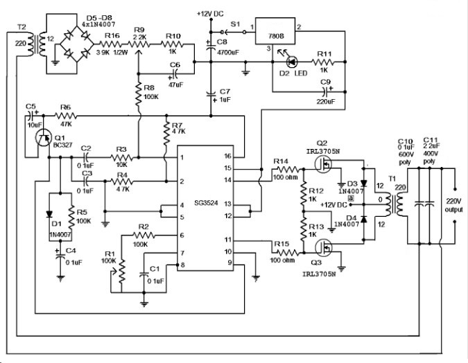 самодельный преобразователь 12 220 1000 ватт схема