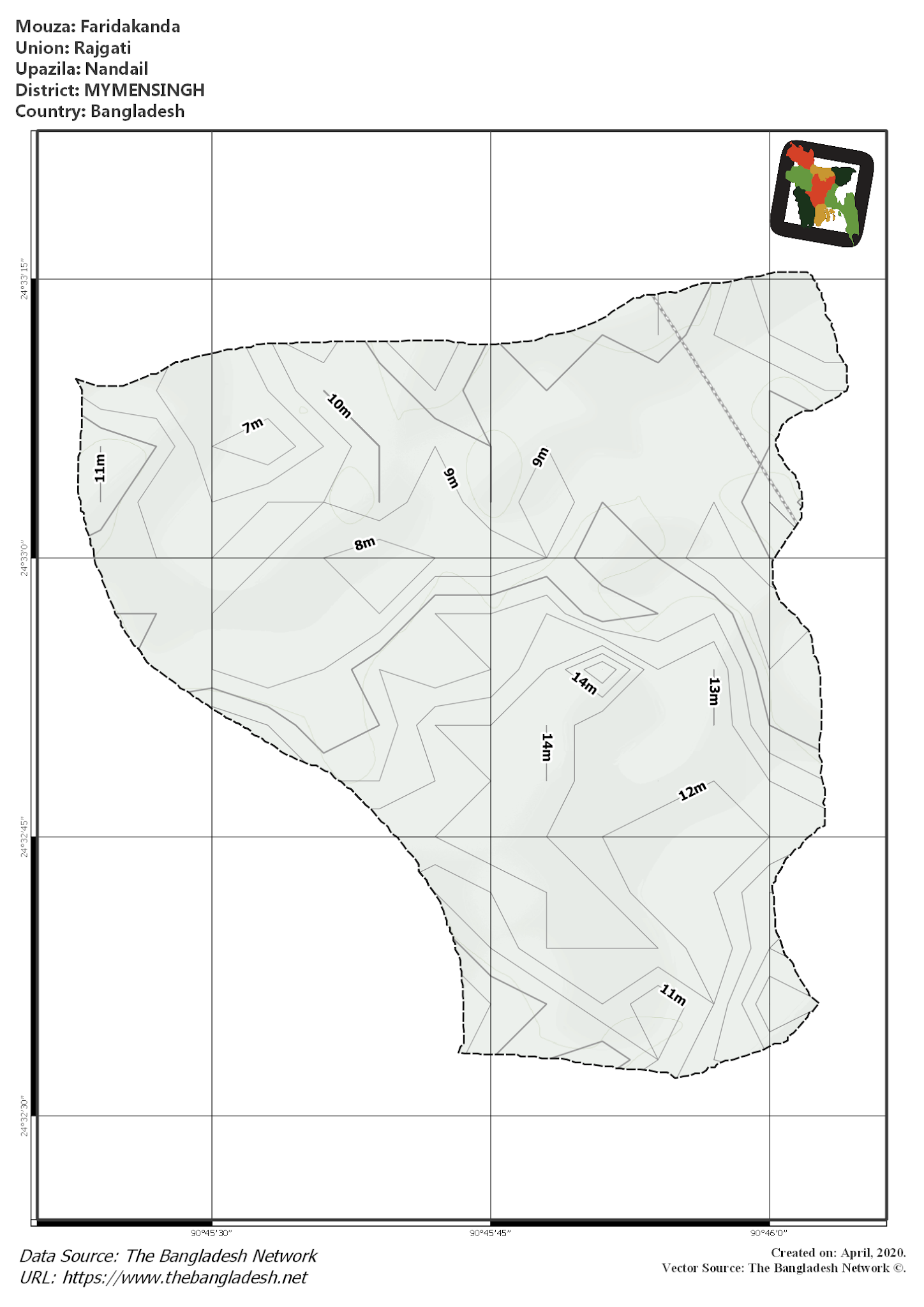 Map of Faridakanda Mouza of Nandail Upazila, MYMENSINGH, Bangladesh.