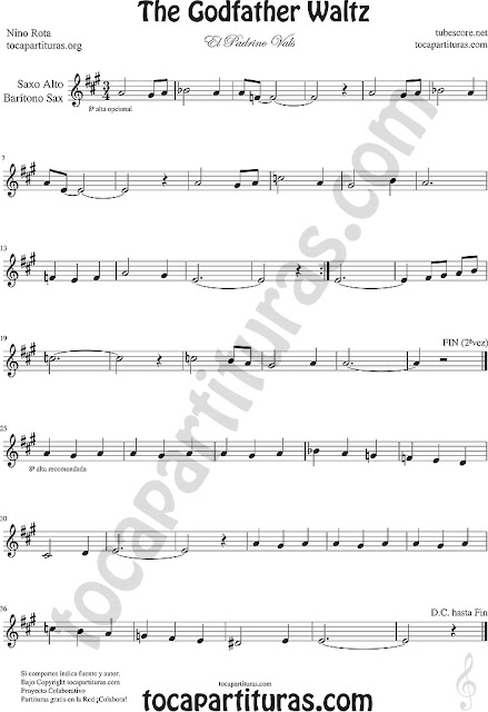 Saxofón Alto y Sax Barítono Partitura de El Padrino Vals Sheet Music for Alto and Baritone Saxophone Music Scores