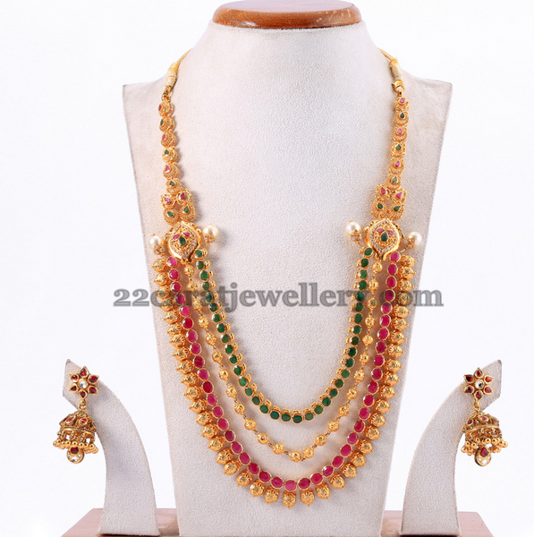 3 Rows Ruby Emerald Trendy Haram - Jewellery Designs