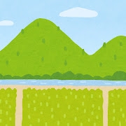 山と川と田んぼのイラスト（背景素材）