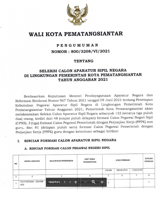 Lowongan Kerja CPNS PematangSiantar Tahun Anggaran 2021 - Lowongan