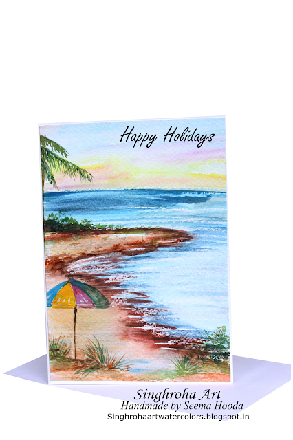 seashore,beach,sea,umbrella,water,bythesea, landscape,seascape,beachscene,summer,holidays,hot, handmade,watercolor,watercolour,card,greetingcard