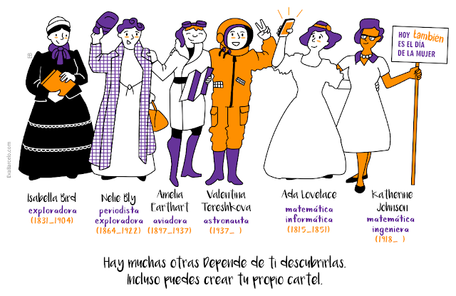 Dibujo descargable de Eva Barceló para el día de la mujer con científicas y exploradoras