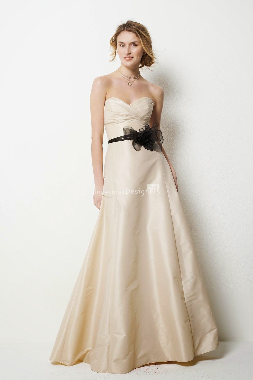 Ivory Strapless Sweetheart Floor Length A-line Bridesmaid Dress with Black Tulle Belt