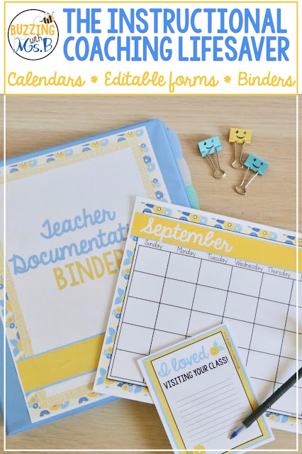 Instructional Coach Binder MegaPack Binder and pages on a desk with cute smiling binder clips