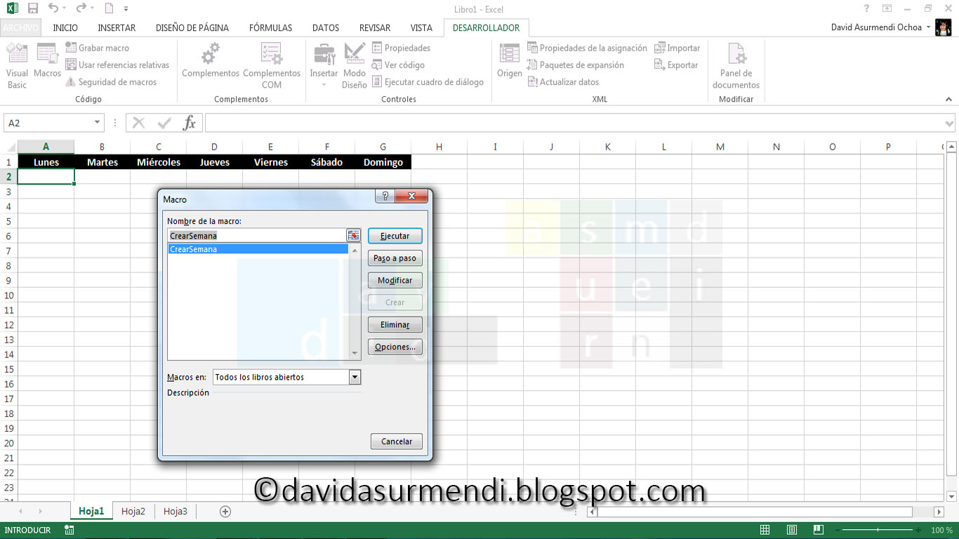 Registrarse musical Ópera David Asurmendi. Cursos de Excel, Access, Word. VBA...: Artículo: Grabar,  Ejecutar, Eliminar y Modificar Macros en Excel 2013.
