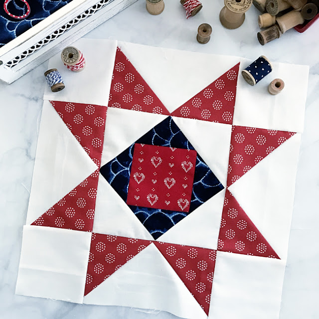 "Star Spangled" is a Free Patriotic Quilt Block Pattern designed by Lindsey Weight from the Fort Worth Fabric Studio {Blog}!