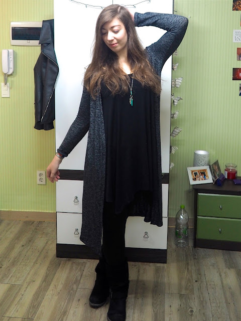 Black As Night - outfit of floaty black dress and leggings, with long grey cardigan and chunky black suede boots