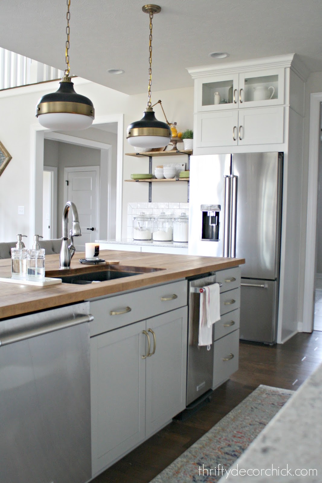 light grey kitchen cabinets with wood countertops a tour of our new kitchen from thrifty decor light grey kitchen cabinets with wood countertops a tour of our new kitchen from thrifty decor